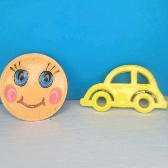 2 Vintage Pop Art Pins Yellow Volkswagon and Enamel Painted Happy Face MCM - Picture 2 of 8